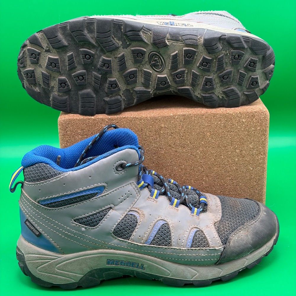 Merrell Oakcreek Hiking Boots Youth 6M Gray/Blue Waterproof Mid Trail Camp Shoes